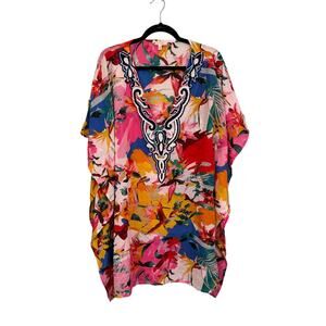 Rise & Bloom Kaftan Dress XL Pink Red Embellished Beaded Sequin Cover Up Beach